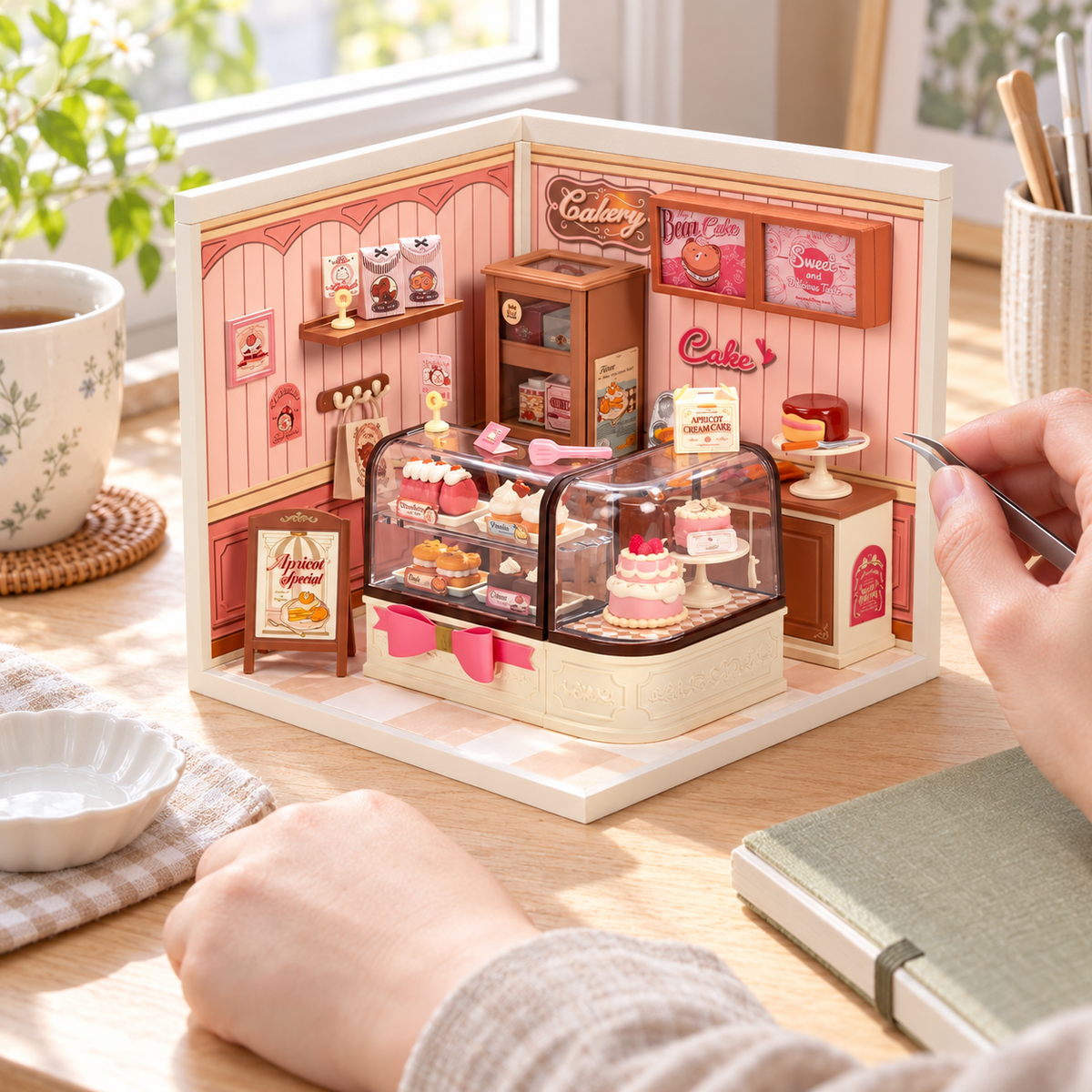 Tasty Cake Shop miniature on a home craft table with a maker adding finishing touches
