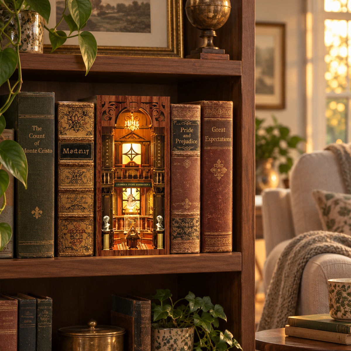 the philosophical library — completed miniature displayed in a home setting