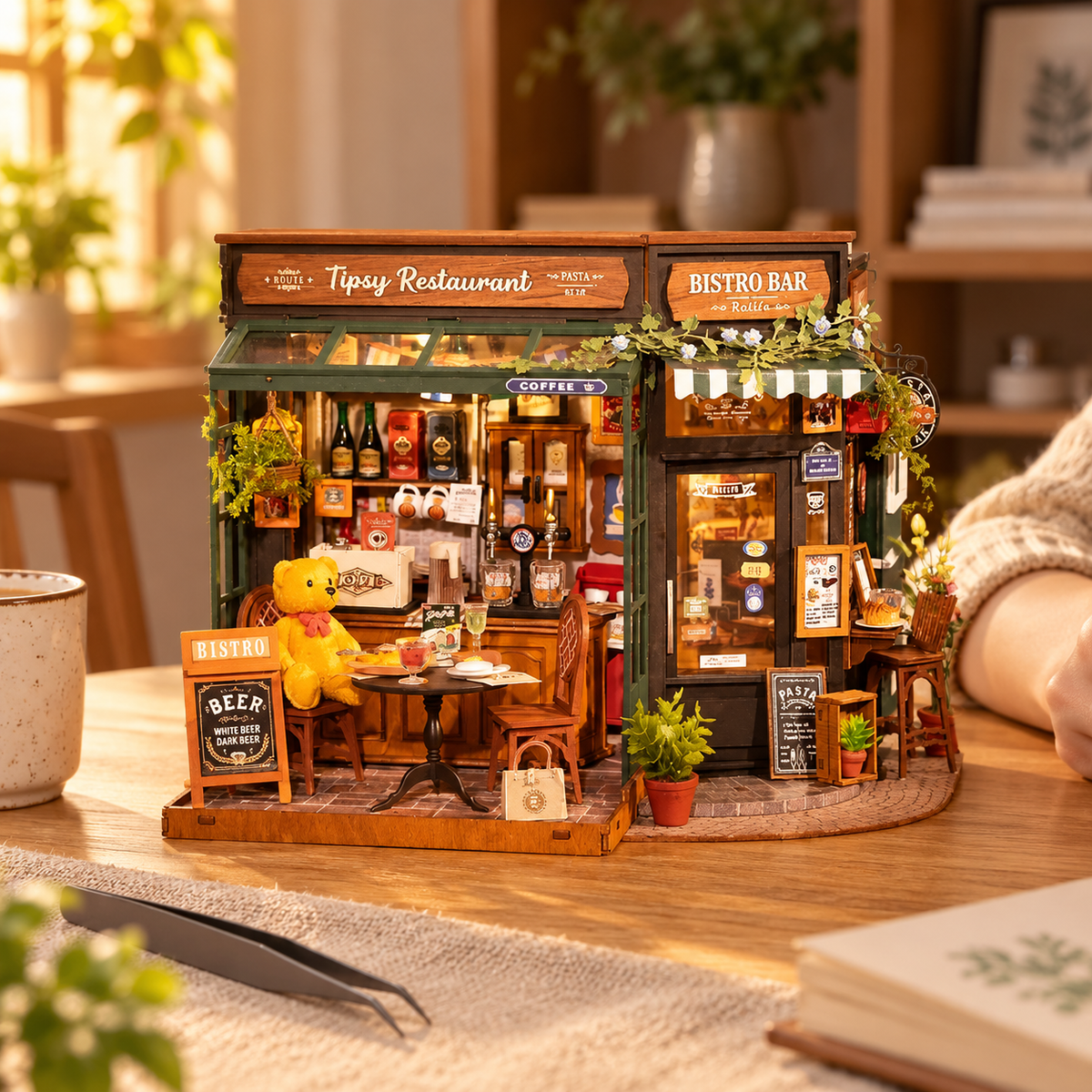 Tipsy Restaurant miniature kit on a home craft table