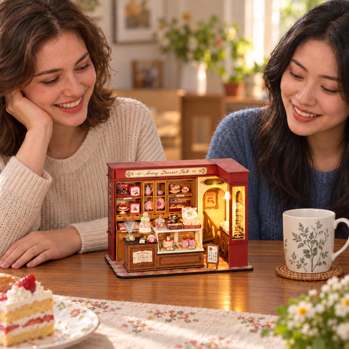 Honey Dessert Talk — completed miniature in a sharing scene (AI-assisted visualization)