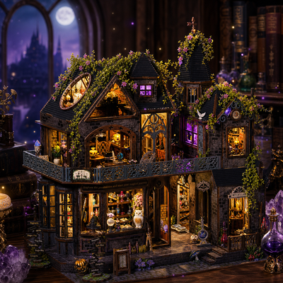 Magic Castle DIY miniature witch castle with violet lights and enchanted library atmosphere
