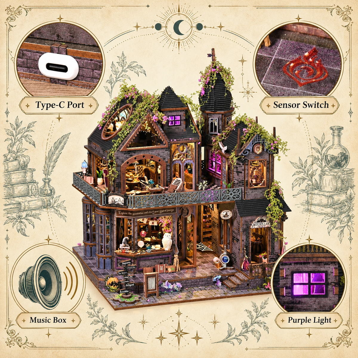 Magic Castle Miniature House Kit with LED, HiNooki DIY Wooden