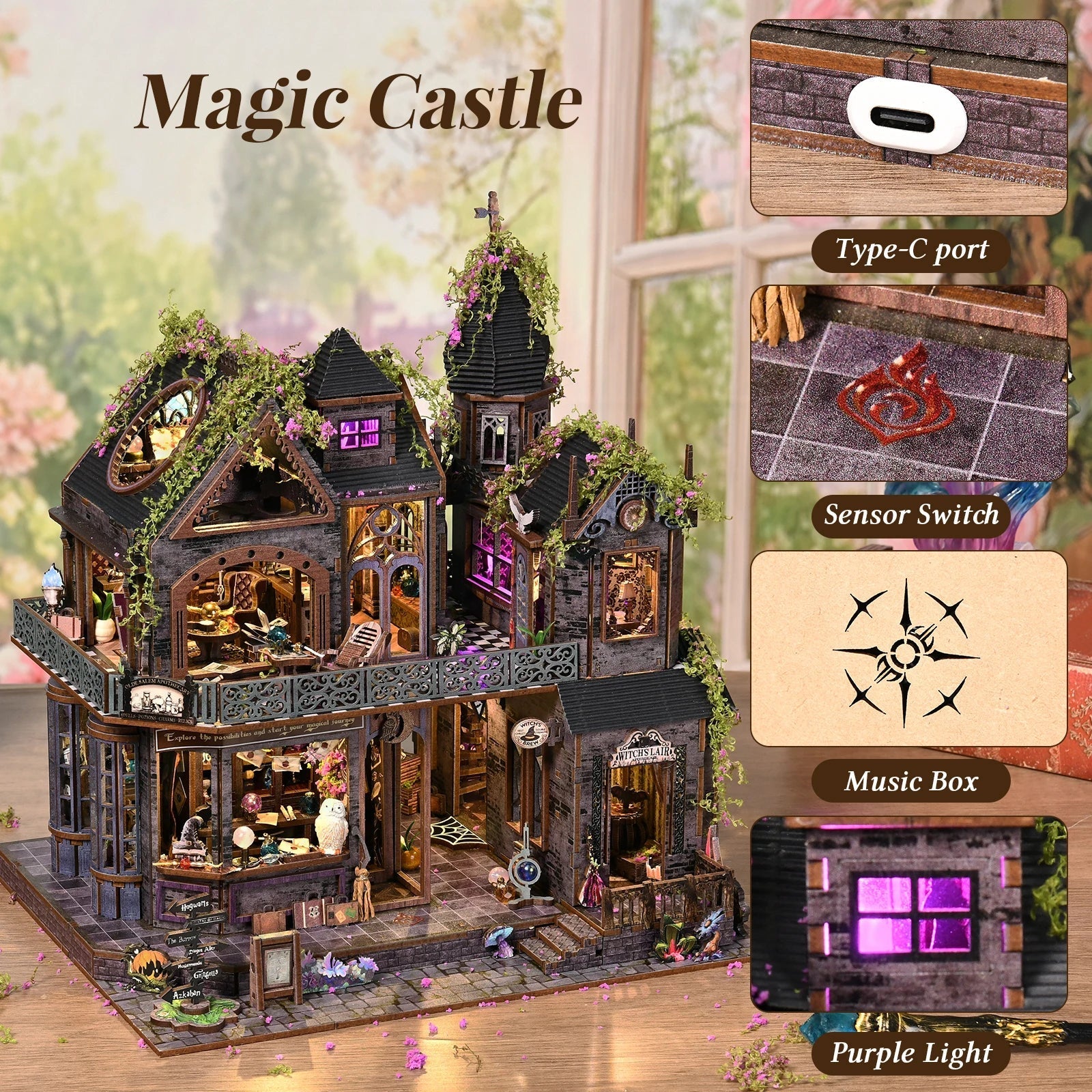 Magic Castle Dollhouse Kit with LED, HiNooki DIY Wooden Miniature