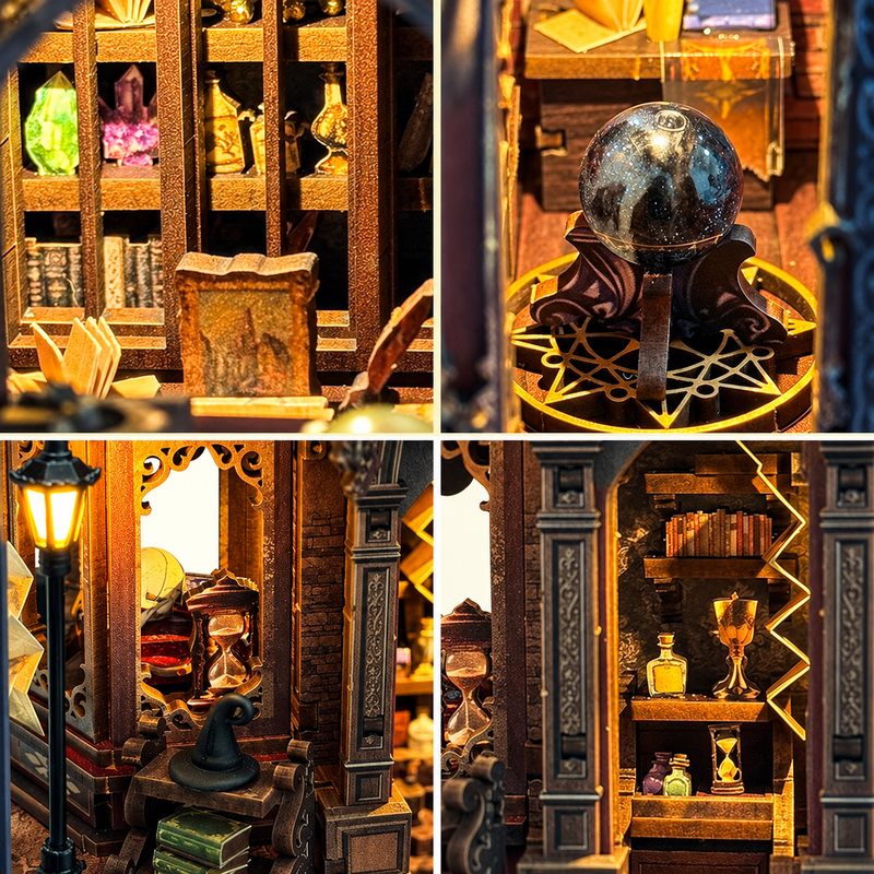 An enchanted bookcase filled with curiosities.