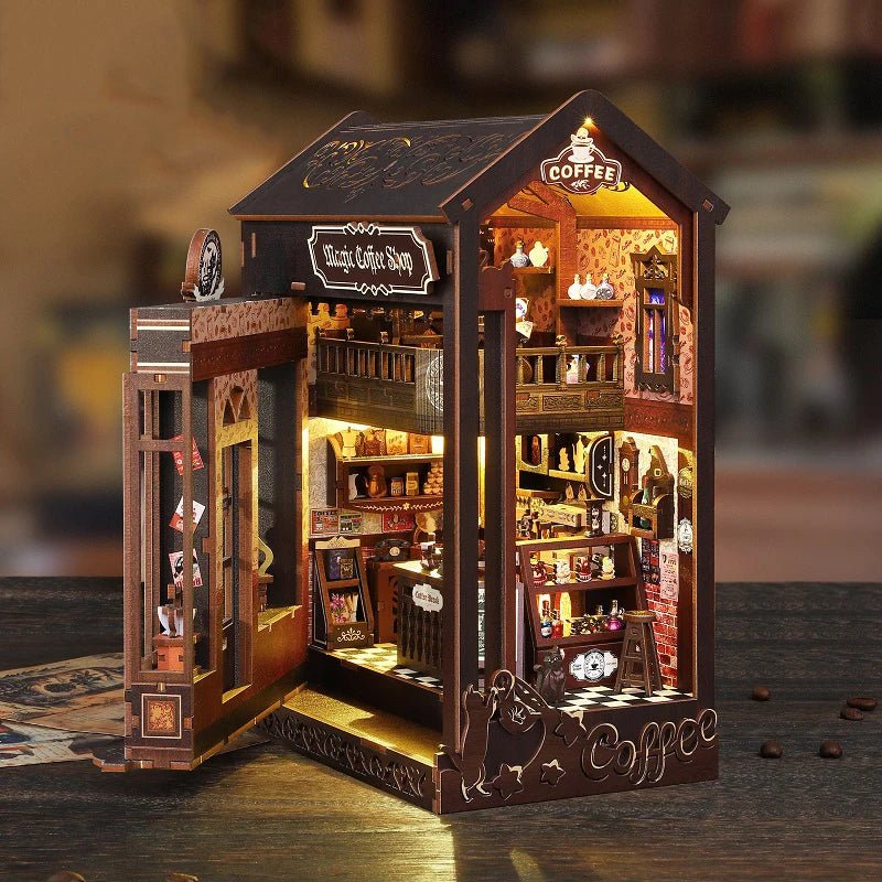 Magic Coffee Shop DIY Book Nook Kit by HiNooki – Miniature Bookshelf Insert | Book Lovers Gift, Cozy Home Decor.