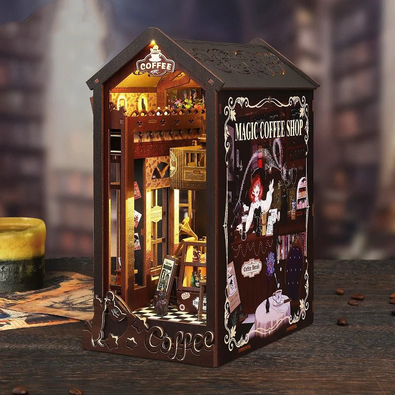 Magic Coffee Shop DIY Book Nook Kit by HiNooki – Miniature Bookshelf Insert | Book Lovers Gift, Cozy Home Decor.