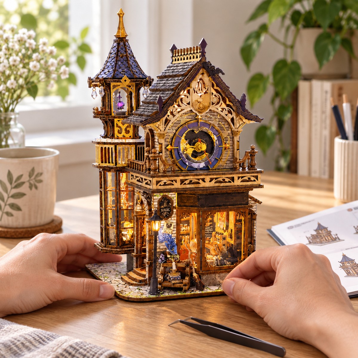 Magic Moon Tower — enjoying the finished miniature (AI-assisted visualization)