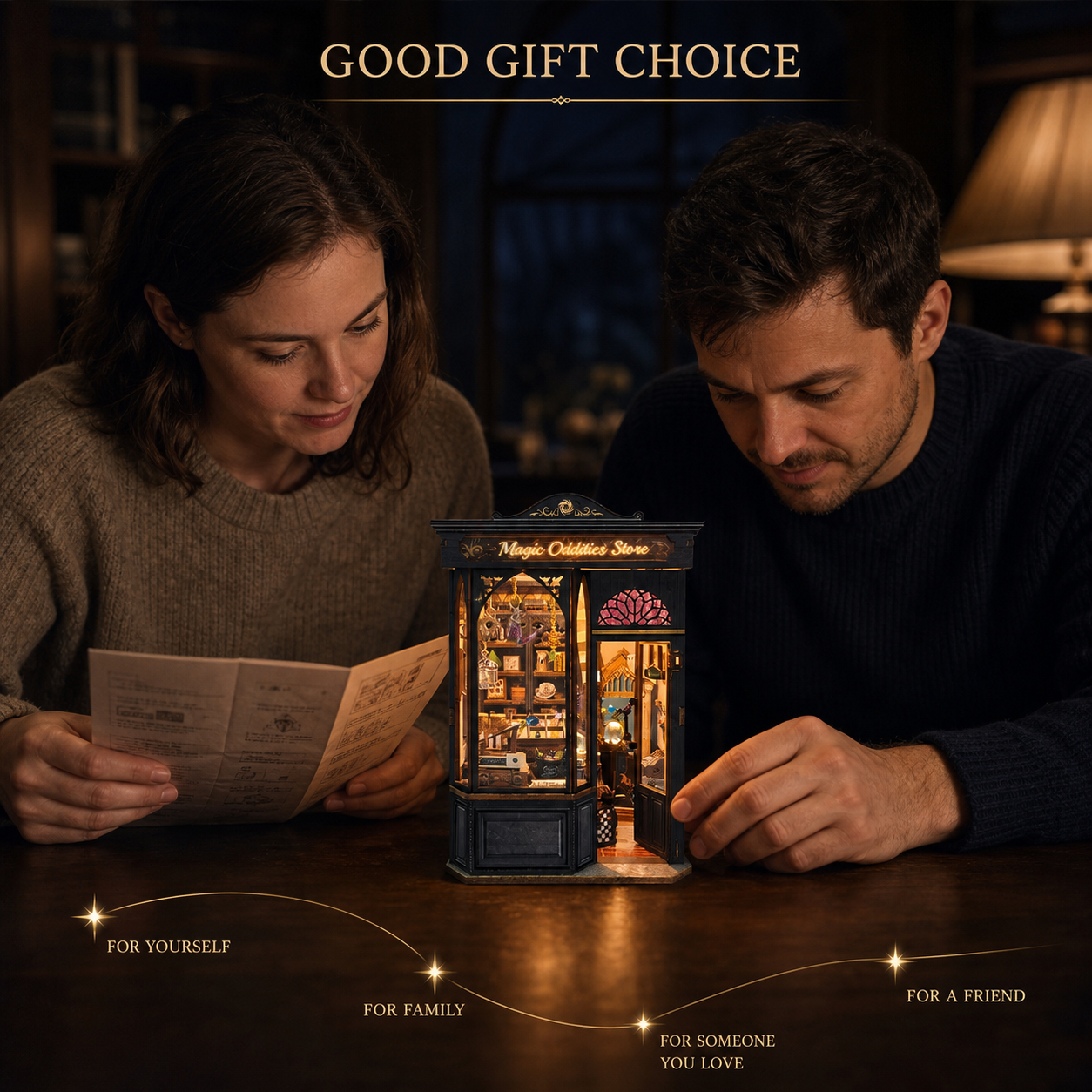 Two adults building the Magic Oddities Store miniature kit together