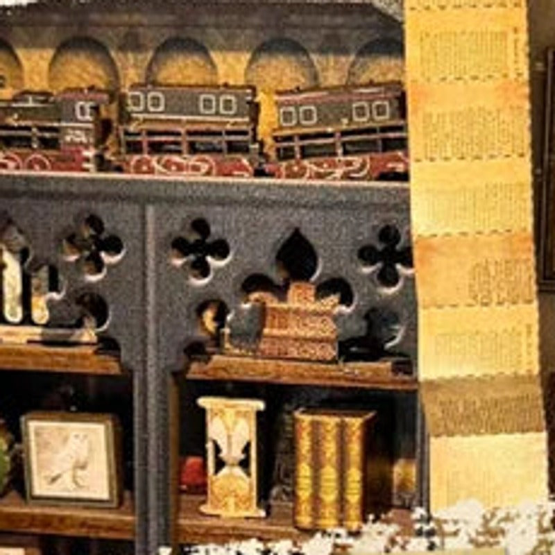 A miniature train above shelves of books and curiosities.