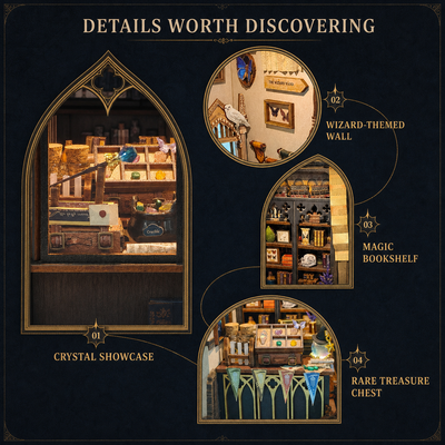 Magic Oddities Store crystal showcase wizard wall bookshelf and treasure details