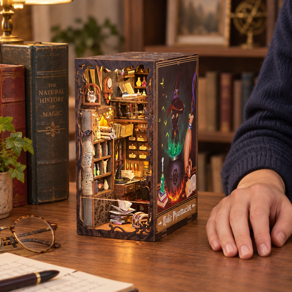 Magic Pharmacist — completed miniature in a sharing scene (AI-assisted visualization)