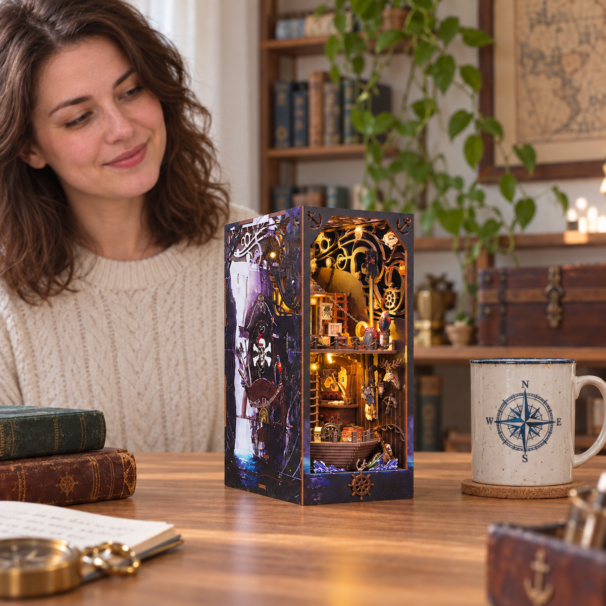 Magic Pirate Ship — completed miniature in a sharing scene (AI-assisted visualization)