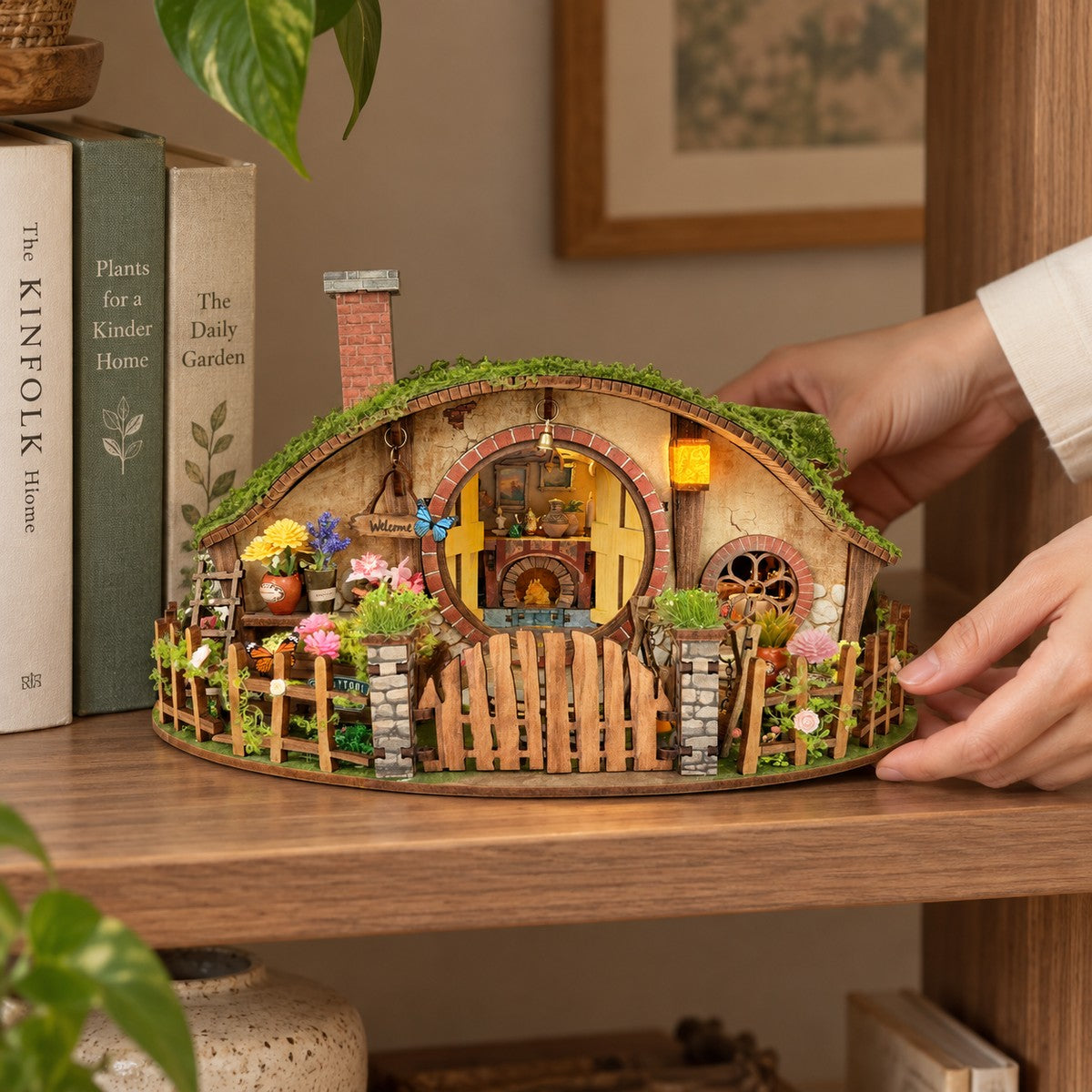 Magic Ring House — finished miniature in an everyday setting (AI-assisted visualization)