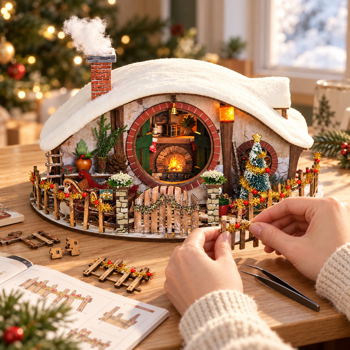 Assembling Magic Ring Snow House at a warm winter craft table