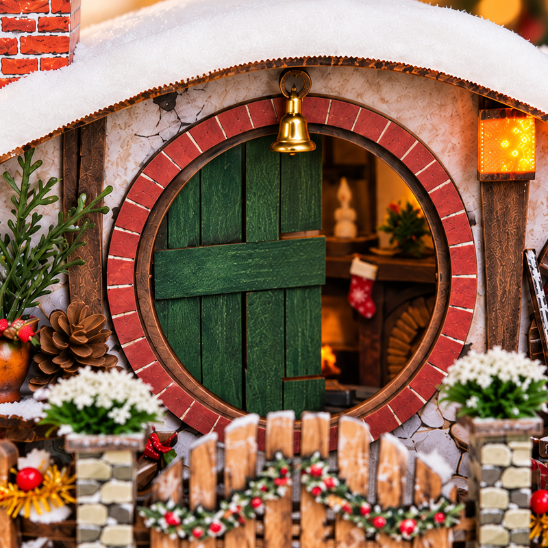 A green door opens within the round brick entrance.