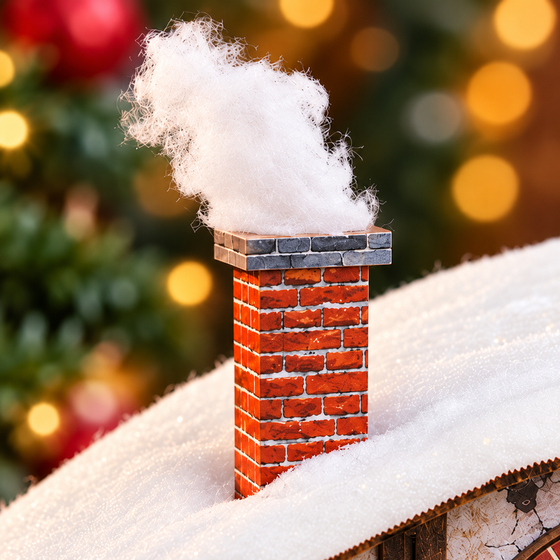 A red-brick chimney rises above the curved snowy roof.