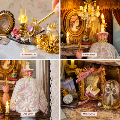 Moonlit Dreamy Mirror details: wand switch, chandelier, lace gown and vintage miniatures