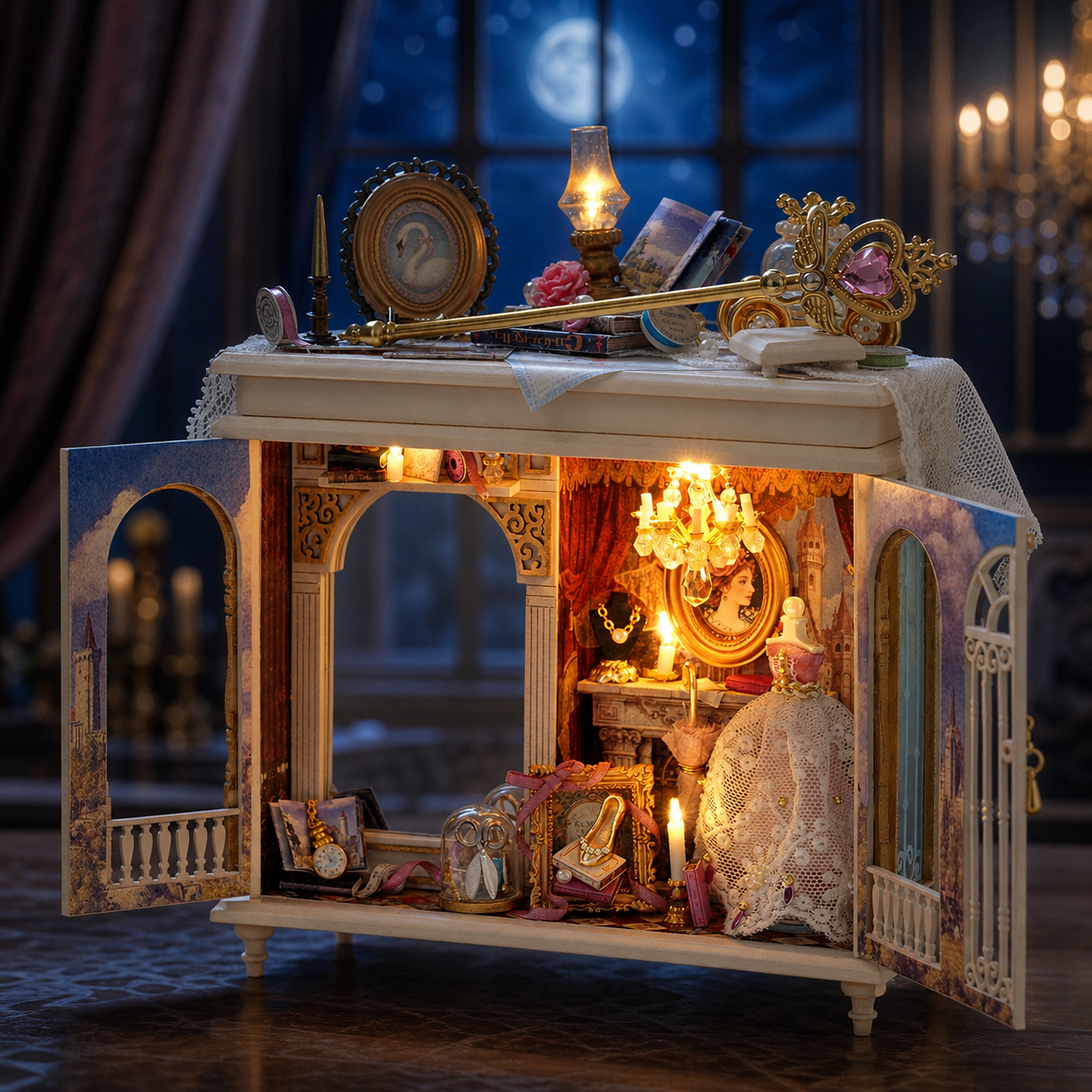 Moonlit Dreamy Mirror open miniature glowing in an elegant moonlit room