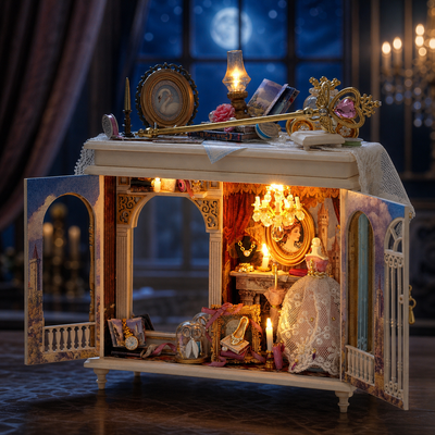Moonlit Dreamy Mirror open miniature glowing in an elegant moonlit room