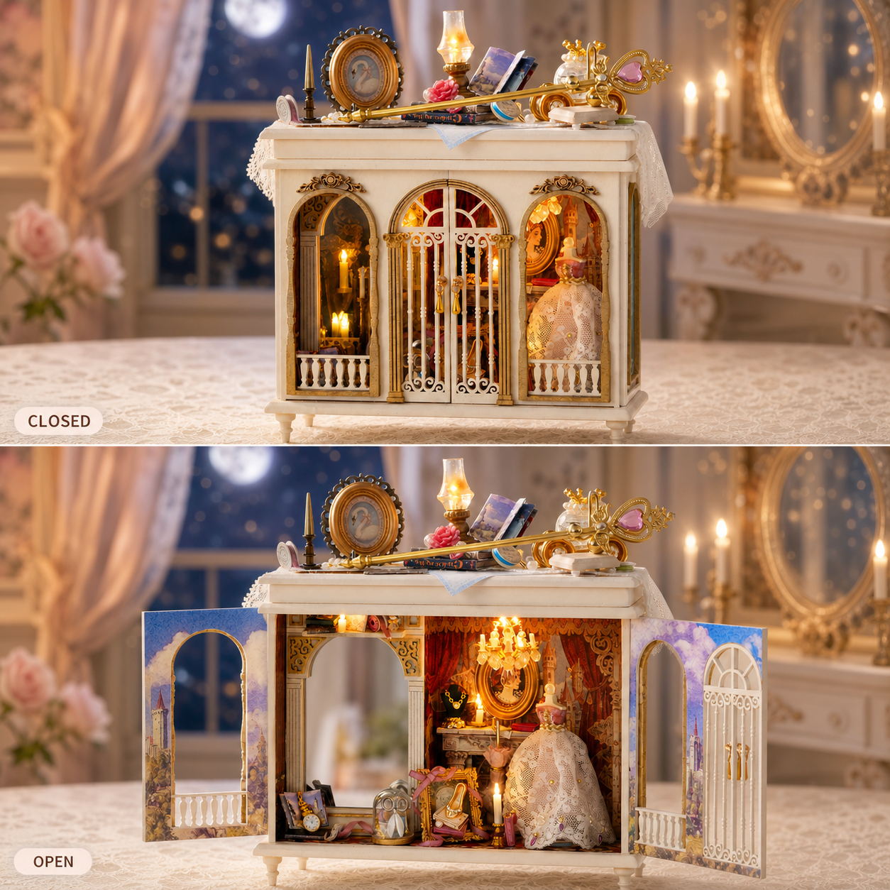 Moonlit Dreamy Mirror closed and open in a moonlit princess dressing room