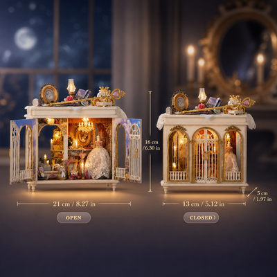 Moonlit Dreamy Mirror open and closed dimensions in centimeters and inches