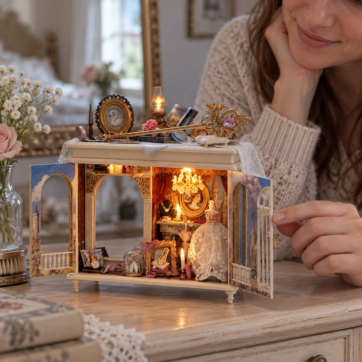 Moonlit Dreamy Mirror — finished miniature in an everyday setting (AI-assisted visualization)
