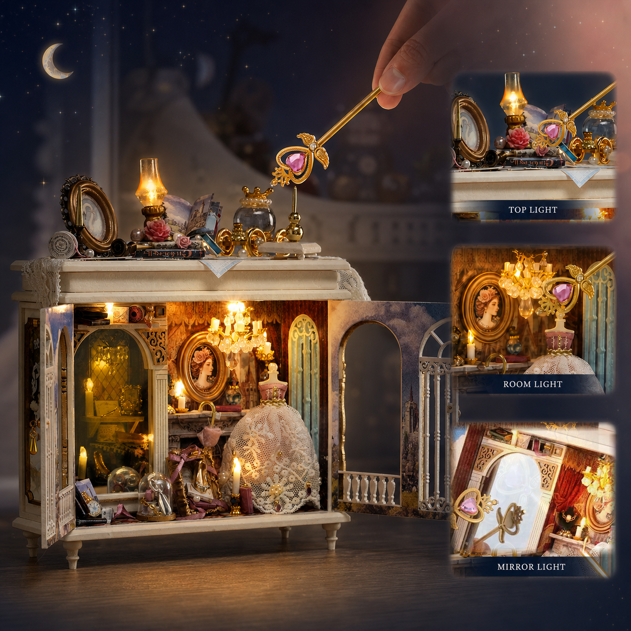Moonlit Dreamy Mirror magic wand with top light, room light, and mirror mode details