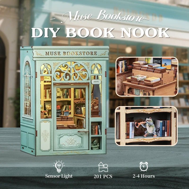 Muse Bookstore DIY Book Nook Kit by HiNooki – Miniature Bookshelf Insert | Book Lovers Gift, Cozy Home Decor.