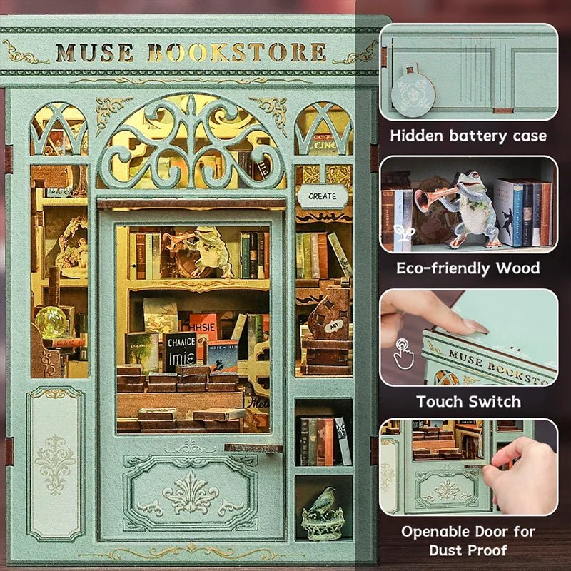 Muse Bookstore DIY Book Nook Kit by HiNooki – Miniature Bookshelf Insert | Book Lovers Gift, Cozy Home Decor.