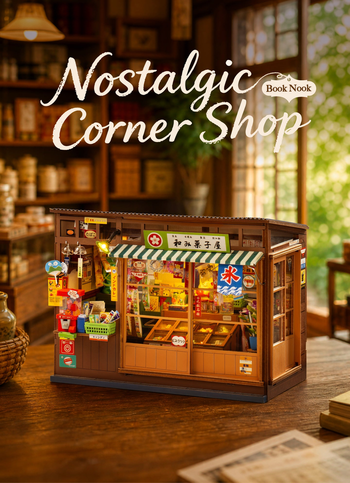 Nostalgic Corner Shop complete miniature in a styled tabletop scene