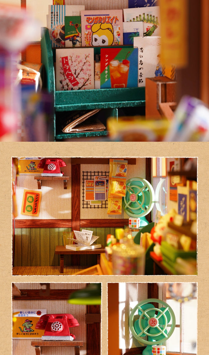 Green miniature magazine rack, red telephone decoration and green fan beside the reading table
