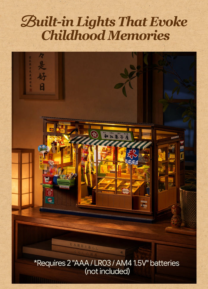 Illuminated Nostalgic Corner Shop; original artwork specifies two AAA batteries, not included