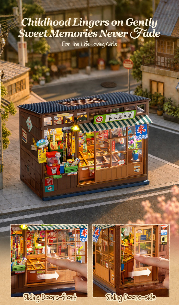Hands demonstrating front and side sliding doors on the miniature shop