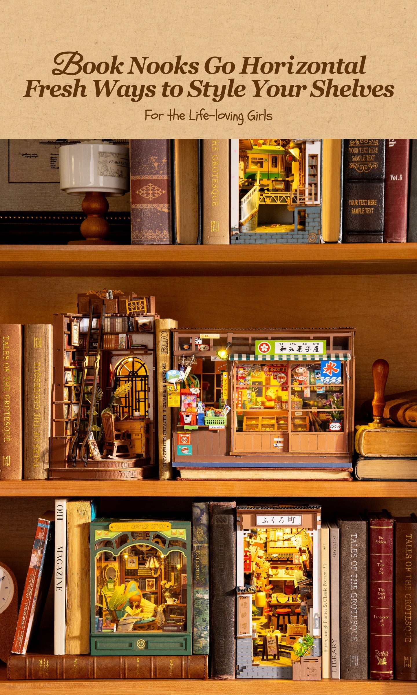 Wide-format book nook displayed alongside other models and books; other models are not included