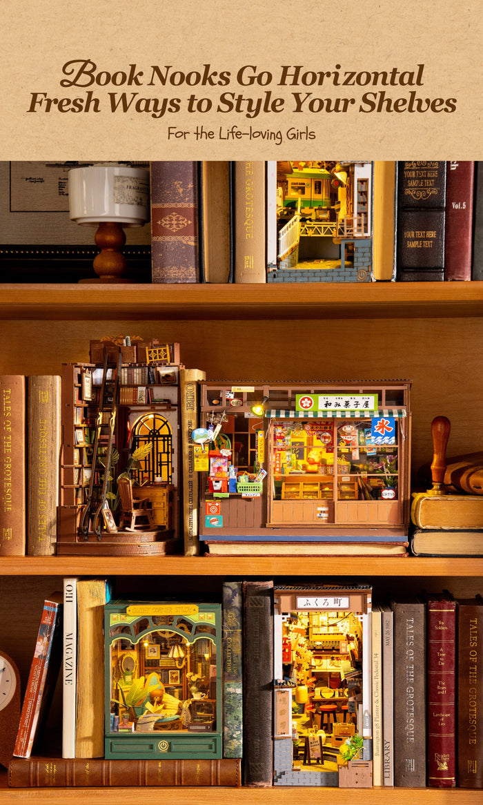 Wide-format book nook displayed alongside other models and books; other models are not included