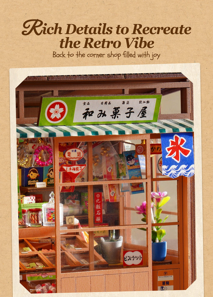Japanese shop sign, green striped awning and miniature snack displays in the original front detail photograph
