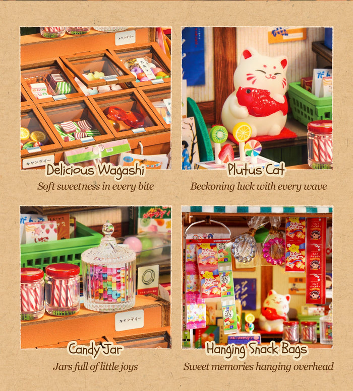 Original close-ups of decorative sweets, lucky cat, candy jars and hanging snack packets