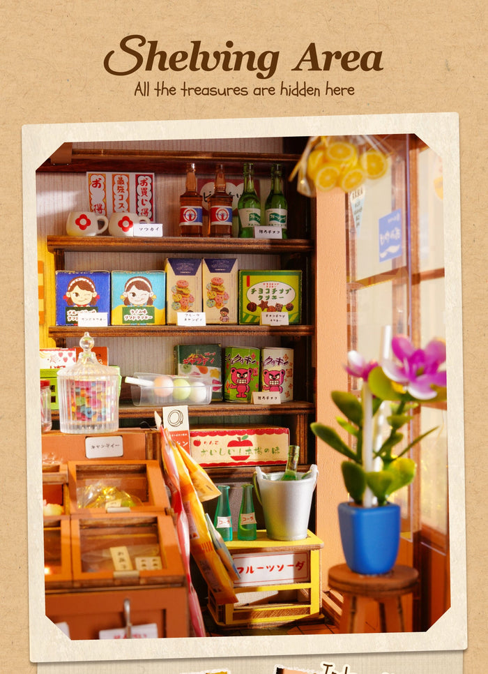 Shop shelves with small bottles, cups and printed snack boxes