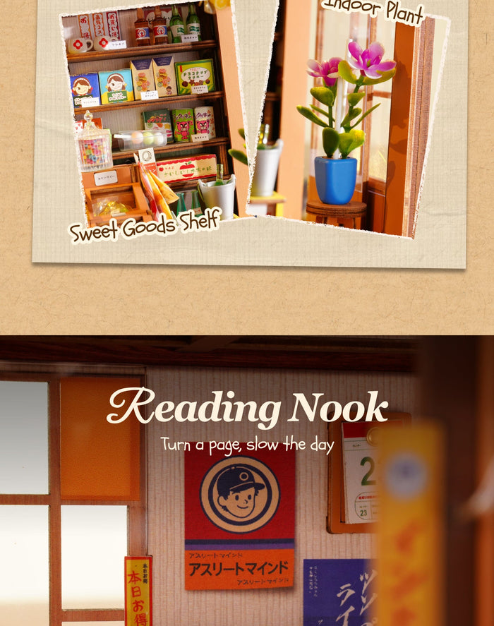 Miniature shop shelving and potted flower decoration, followed by the reading corner