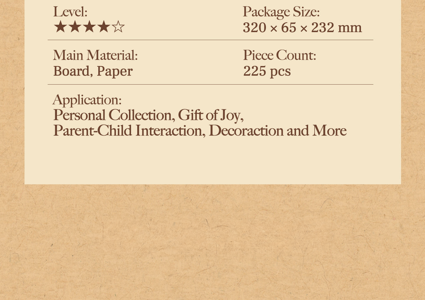 Original specification card showing 225 pieces, board and paper materials, four-star level and packaging size