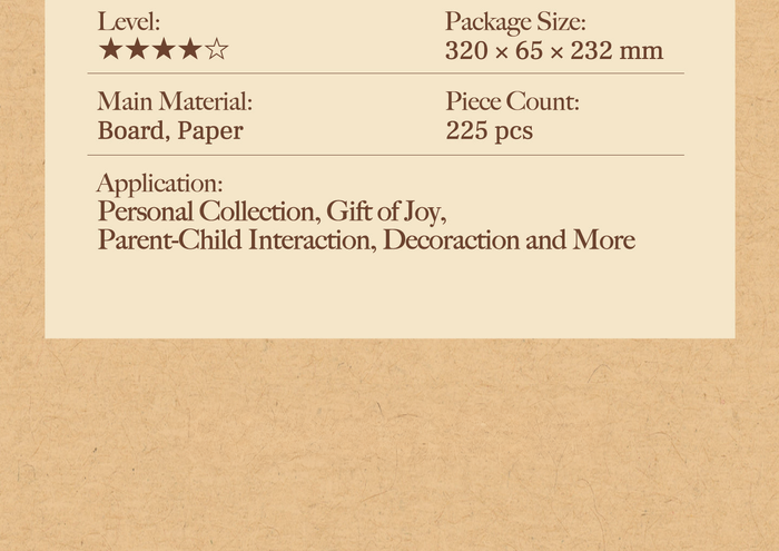 Original specification card showing 225 pieces, board and paper materials, four-star level and packaging size