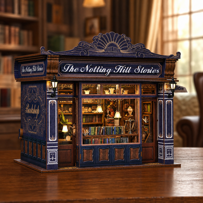 The Notting Hill Stories blue DIY book nook bookstore with warm lighting