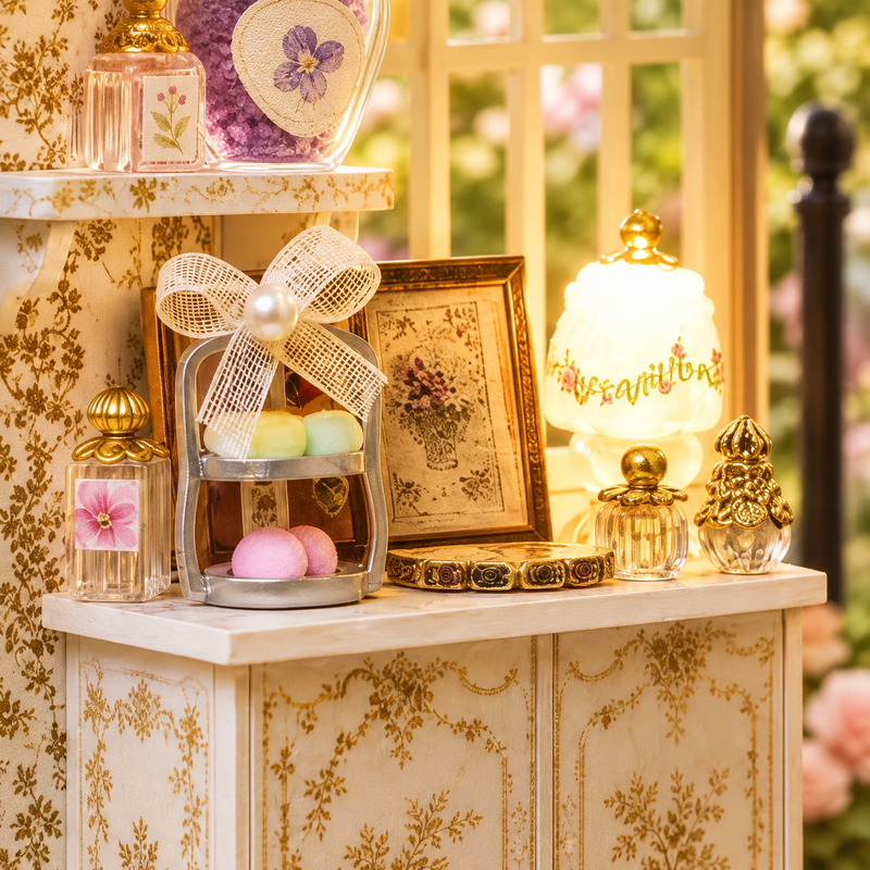 A lace-trimmed vanity with delicate bottles.