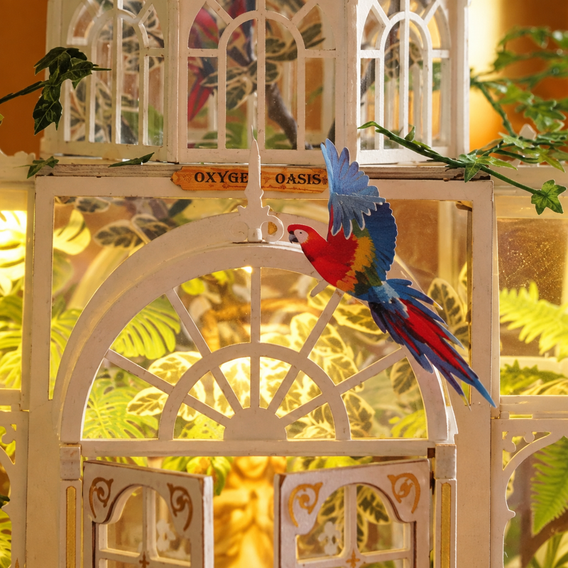 A parrot above the garden entrance