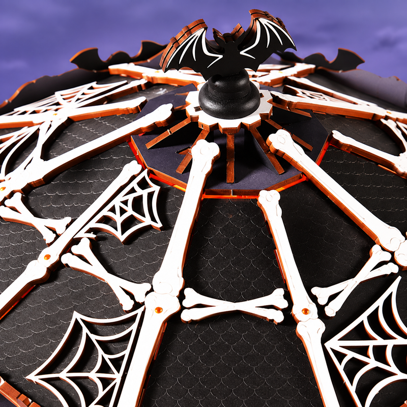 White webs and bone-shaped ribs frame the dark roof.