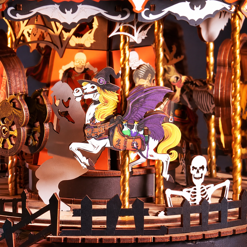 A purple-winged horse, little ghost and skeleton share the ride.