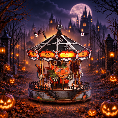 Phantom Waltz wooden Halloween carousel with glowing pumpkins, a spiderweb canopy and skeleton riders