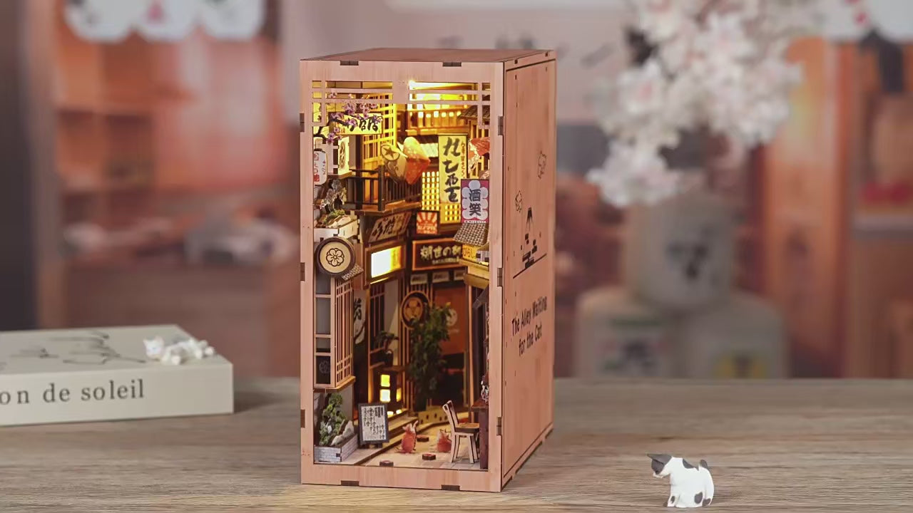 Cat Alley Book Nook Kit with LED, HiNooki DIY Wooden Japanese