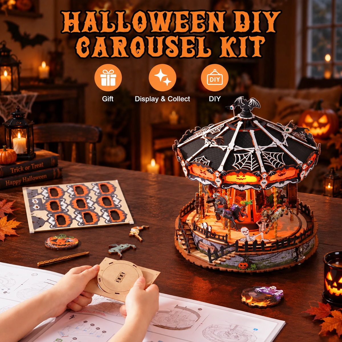 Phantom Waltz carousel assembly with wooden parts and instruction booklet