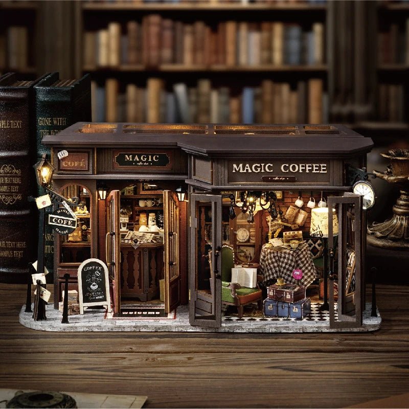 Retro Magic Coffee Shop DIY Book Nook Kit by HiNooki – Miniature Bookshelf Insert | Book Lovers Gift, Cozy Home Decor.